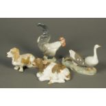 Four Royal Copenhagen figures, cockerel, calf, geese and Bassett Hound. Tallest 19 cm.