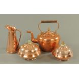 Two copper lidded tureens, copper kettle and water jug.