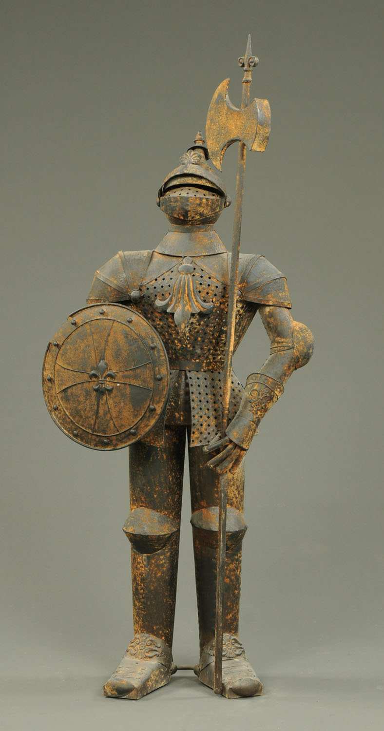 A replica small suit of armour, with shield and mace. Height 140 cm.