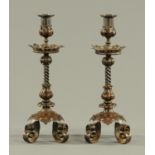 A pair of French Gothic Revival wrought iron and copper candlesticks, circa 1880,