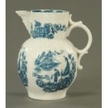 A Caughley blue and white cabbage leaf mask jug, late 18th century,