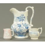 A Victorian Dresden opaque china blue and white relief moulded transfer printed jug and two small