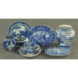 A 19th century blue and white cup and saucer, Pratt's Native Scenery vase, Wedgwood teapot stand,