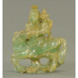 A Chinese green quartz carved figure on horseback. Height 20 cm.