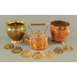 A copper kettle, brass and copper jardiniere, Indian brass jardiniere and quantity of horse brasses.