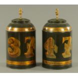A pair of table lamps, 20th century, formed as a pair of Georgian style lacquered tea canisters Nos.