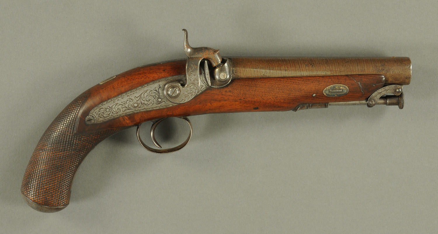 A percussion pistol by E & W Bond of London, early 19th century,