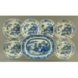 A Chinese blue and white meat dish, 19th century, with pagoda landscape, diameter 36 cm,