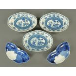 Three 19th century blue and white side dishes, and two Japanese blue and white dishes.