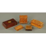 A small Tunbridge Ware box, a burr elm snuffbox and miniature chest of drawers, etc. (5).