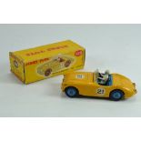 Dinky No.109 Austin Healey 100 Sports Car. Yellow with Blue Hubs. Good Plus in Fair Plus Box.