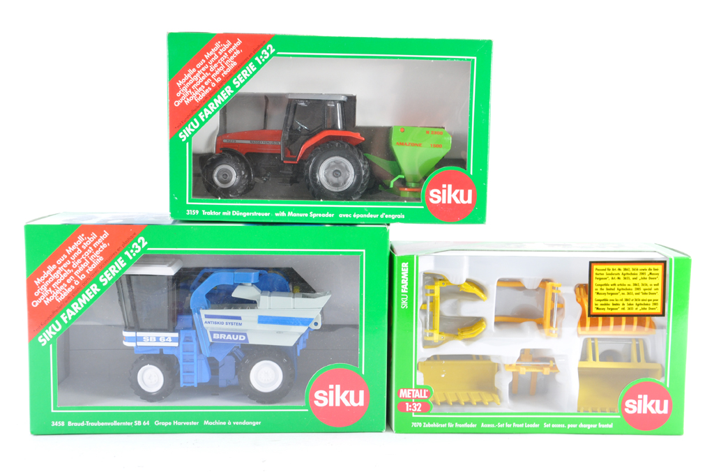 Siku Farm and Tractor Trio including Massey Ferguson and Grape Harvester. NM/M in Boxes. (3)