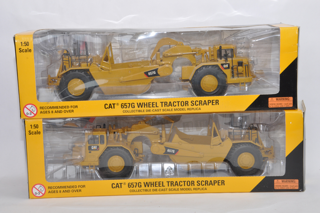Duo of Norscot 1/50 CAT 675G Diecast Wheel Tractor Scraper Models. NM to M in VG Boxes. (2)