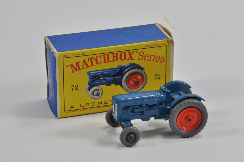 Matchbox No. 72a Fordson Major Tractor. Blue with Grey and Orange Hubs, Grey Tyres. NM to M in G