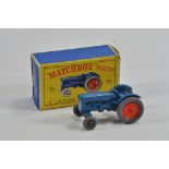 Matchbox No. 72a Fordson Major Tractor. Blue with Grey and Orange Hubs, Grey Tyres. NM to M in G