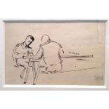KEITH VAUGHAN [1912-77]. Two Figures Writing Home, c. 1941/2. ink drawing. studio stamp initials