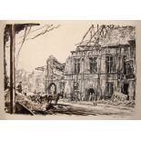 Sir MUIRHEAD BONE [1876-1953]. The Townhall of Peronne, c.1917. lithograph. Signed in pencil. 40 x