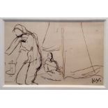 KEITH VAUGHAN [1912-77]. Two Figures in a Tent, c. 1941/2. ink drawing. studio stamp initials