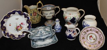 A collection of various 19th Century and other china wares to include pedestal loving mug inscribed