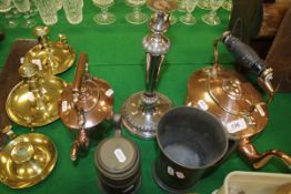 Two Victorian copper kettles, three brass chamber sticks, a pewter mug,