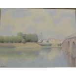 K B HANCOCK "River landscape with bridge in foreground and buildings in the background",