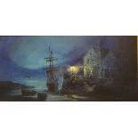 TED DYER "Tall-masted ship outside The Bosun's Inn at moonlight", oil on canvas,