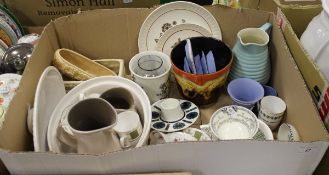 A box of assorted china wares to include a Jersey Pottery egg cup,