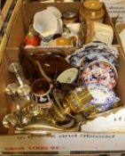 Two boxes of assorted decorative items to include a pair of modern pewter candlesticks,