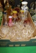 A quantity of various cut glassware including two mallet shaped decanters, milk glass vase,