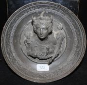 A 20th Century lead alloy emblema dish, possibly after the Pompeiian Treasure depicting Cleopatra,