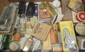 A box containing assorted vintage soap boxes, glasses boxes, pure glycerine bottles,