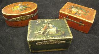 A collection of three 18th Century French lacquered boxes with unusual brass hinges and clasp,