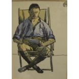 KARLE HAGEDORN "Tommy", study of a soldier seated reading paper, watercolour, initialled top right,