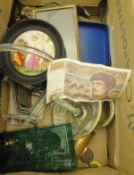 A box of sundry items to include a glass rod basket, a brass knocker, various frames, salts,