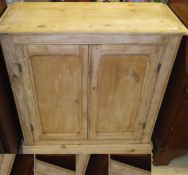 A 19th Century pine two door cupboard enclosing shelves to stepped plinth base