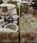 Two boxes of assorted china and glassware to include an Imari palette decorated cat,