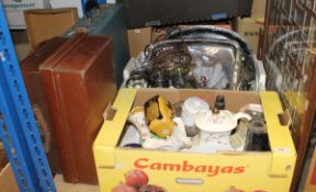Seven boxes of assorted sundry items to include decorative china, cameras, glassware, plated wares,