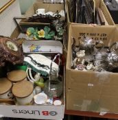 A box of assorted plated wares to include a water jug and teapot, three branch candelabra, etc,