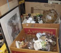 Two boxes of china and glassware to include plated three branch candelabra,