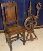 An oak 19th Century spinning wheel together with an oak hall chair