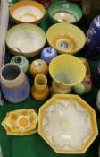 A collection of Shelley Pottery including drip glaze vase and fruit bowl, fruit conserve pots,