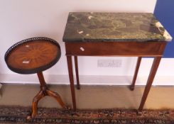 A burr walnut and inlaid tripod table with brass galleried top to reeded column and three cabriole