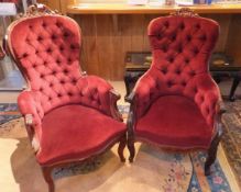 Two button back salon chairs in plum coloured upholstery and mahogany frames