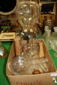 A collection of various glassware including 19th Century scientific funnel and globe flasks, etc,