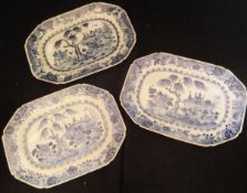 Three 18th Century Chinese blue and white elongated octagonal dishes,