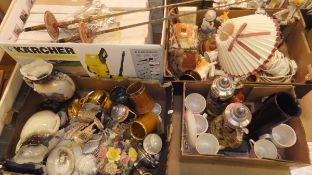 Three boxes of assorted decorative china to include steins, mugs,