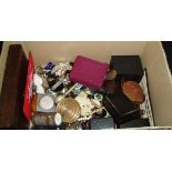 A box of assorted costume jewellery to include bangles, necklaces, coins,