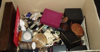 A box of assorted costume jewellery to include bangles, necklaces, coins,