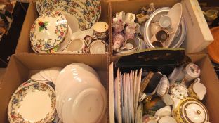 Two boxes of assorted sundry china, to include various Continental figurines,