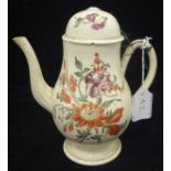 An 18th Century Leeds cream ware baluster shaped chocolate pot and lid with floral spray painted